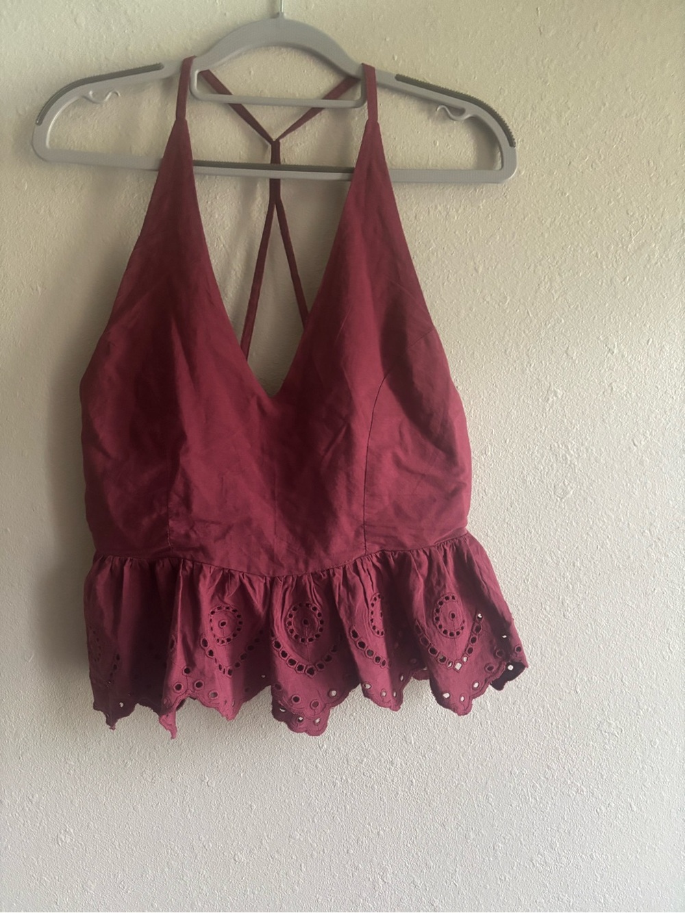 Sim & Sam Women’s Burgundy Eyelet Peplum Halter Top